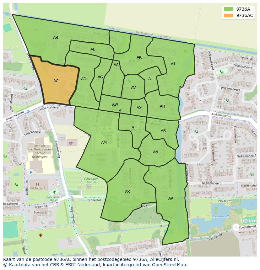Afbeelding van het postcodegebied 9736 AC op de kaart.