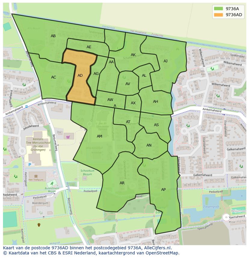 Afbeelding van het postcodegebied 9736 AD op de kaart.