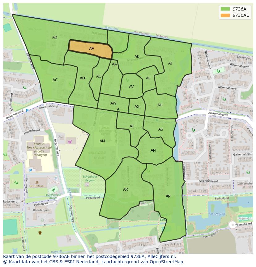 Afbeelding van het postcodegebied 9736 AE op de kaart.