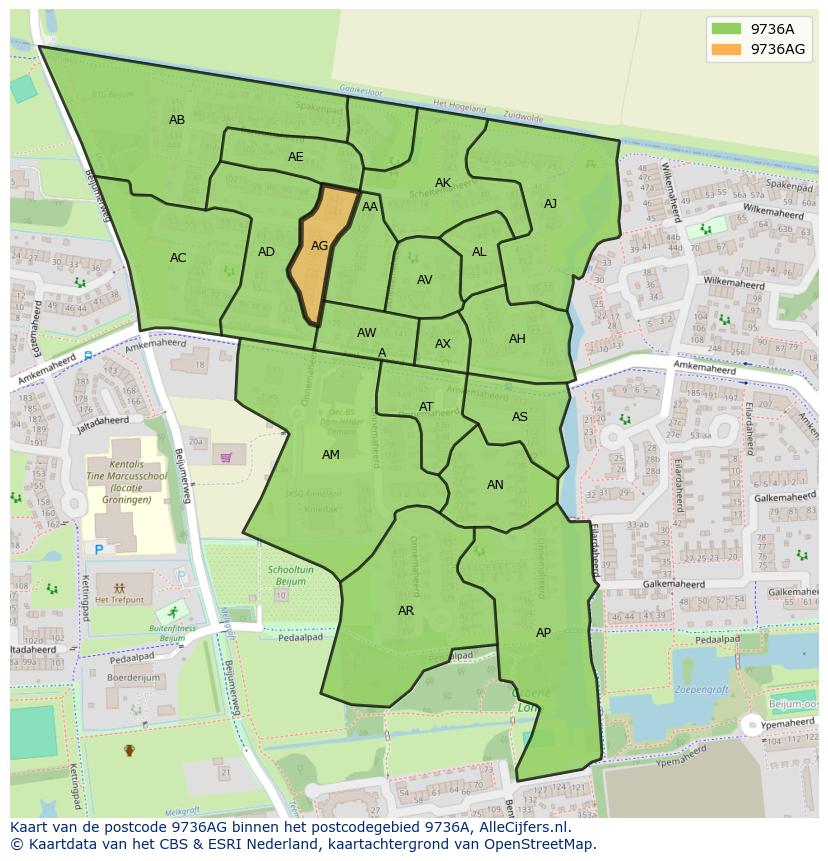 Afbeelding van het postcodegebied 9736 AG op de kaart.