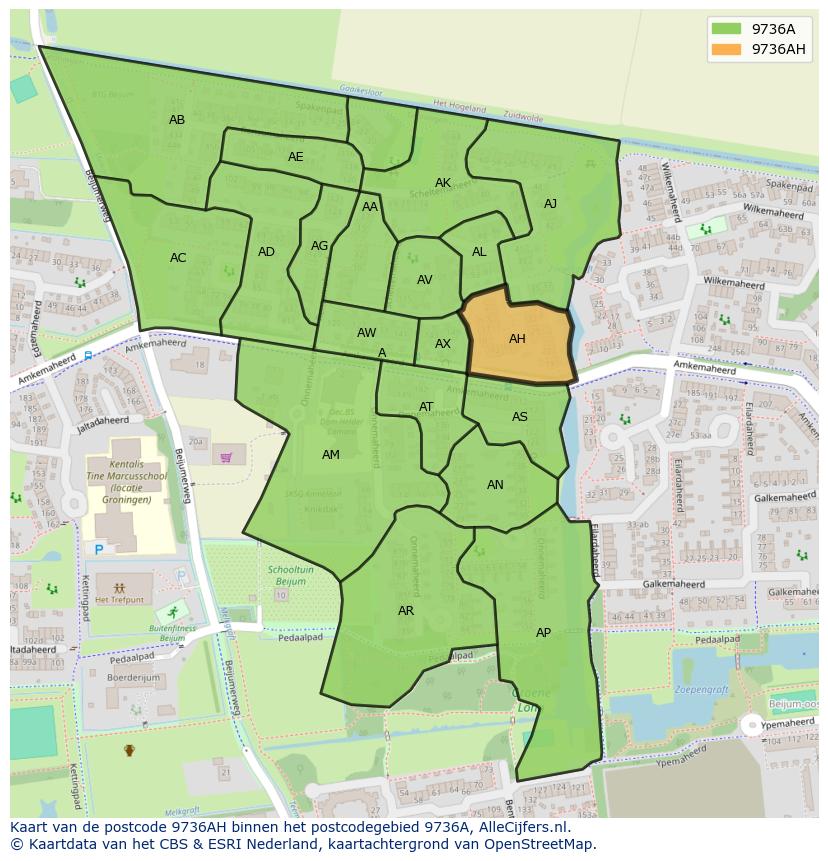 Afbeelding van het postcodegebied 9736 AH op de kaart.