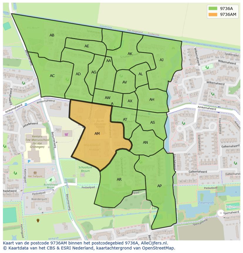 Afbeelding van het postcodegebied 9736 AM op de kaart.