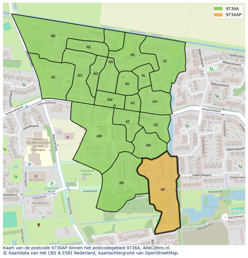 Afbeelding van het postcodegebied 9736 AP op de kaart.