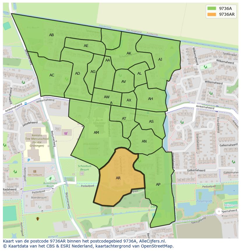 Afbeelding van het postcodegebied 9736 AR op de kaart.