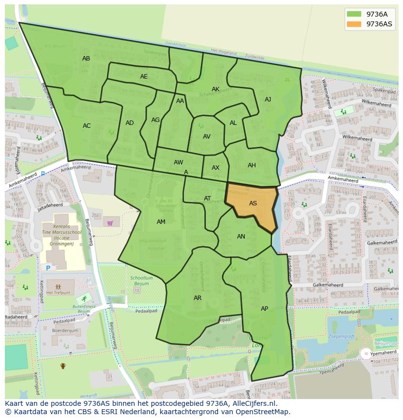 Afbeelding van het postcodegebied 9736 AS op de kaart.