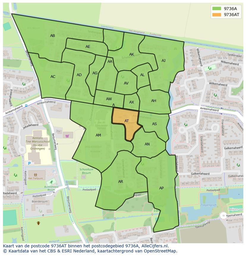Afbeelding van het postcodegebied 9736 AT op de kaart.