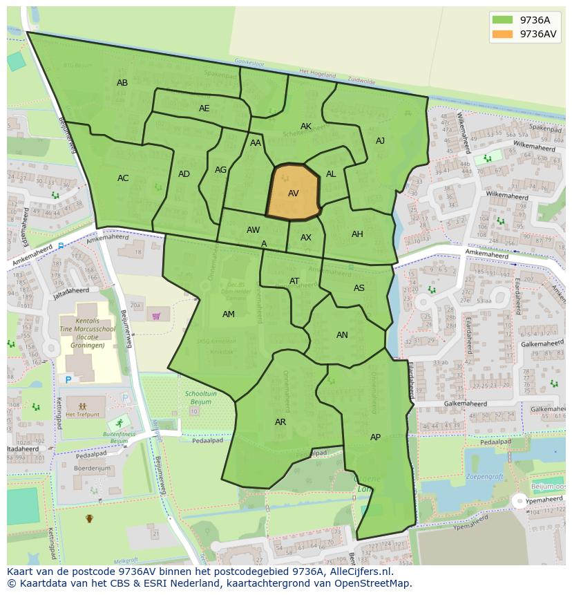 Afbeelding van het postcodegebied 9736 AV op de kaart.