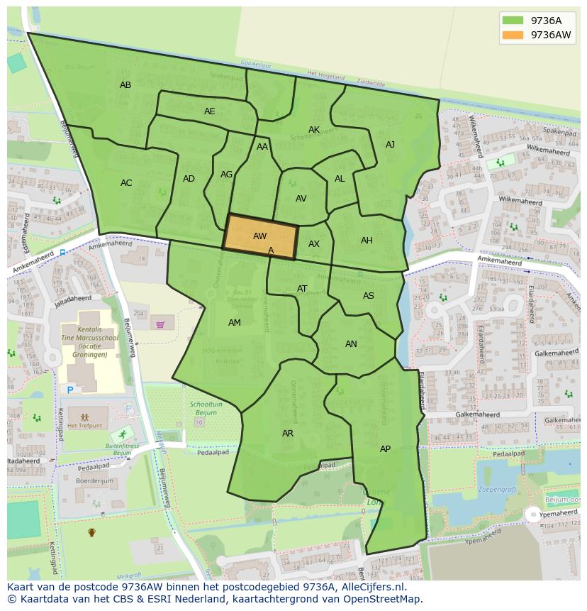 Afbeelding van het postcodegebied 9736 AW op de kaart.