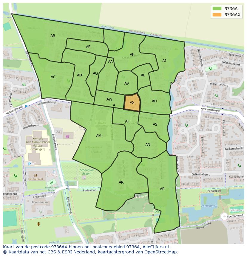 Afbeelding van het postcodegebied 9736 AX op de kaart.