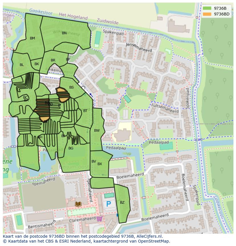 Afbeelding van het postcodegebied 9736 BD op de kaart.