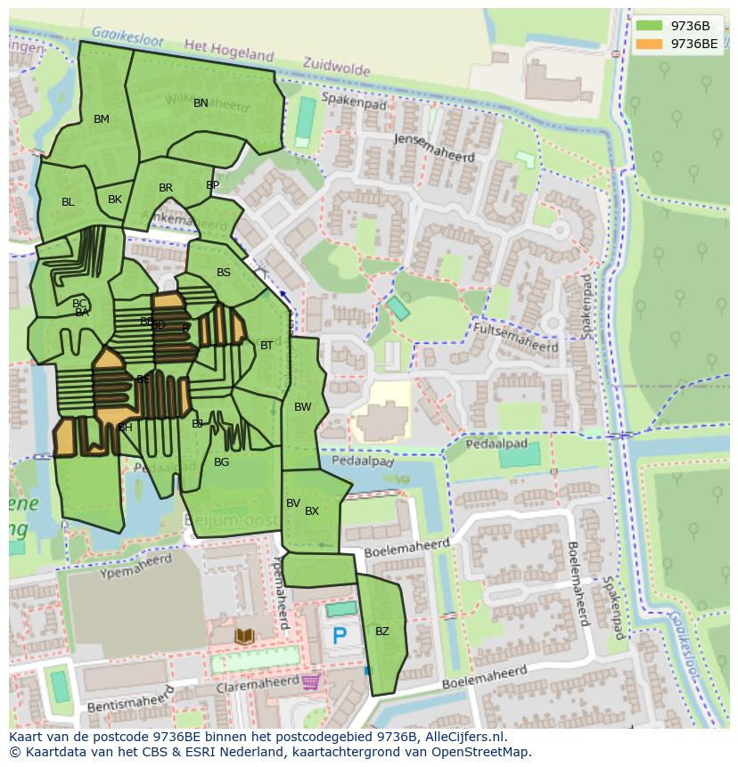 Afbeelding van het postcodegebied 9736 BE op de kaart.