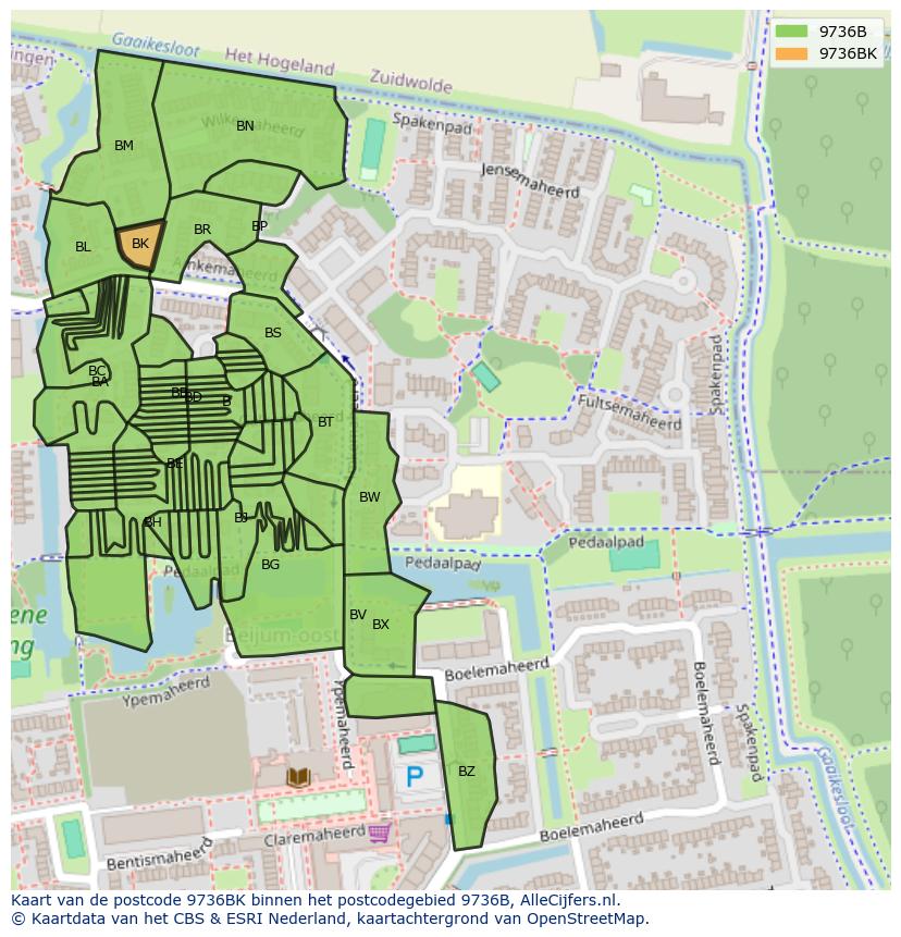 Afbeelding van het postcodegebied 9736 BK op de kaart.