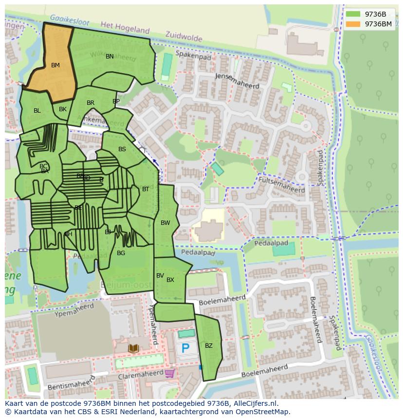 Afbeelding van het postcodegebied 9736 BM op de kaart.