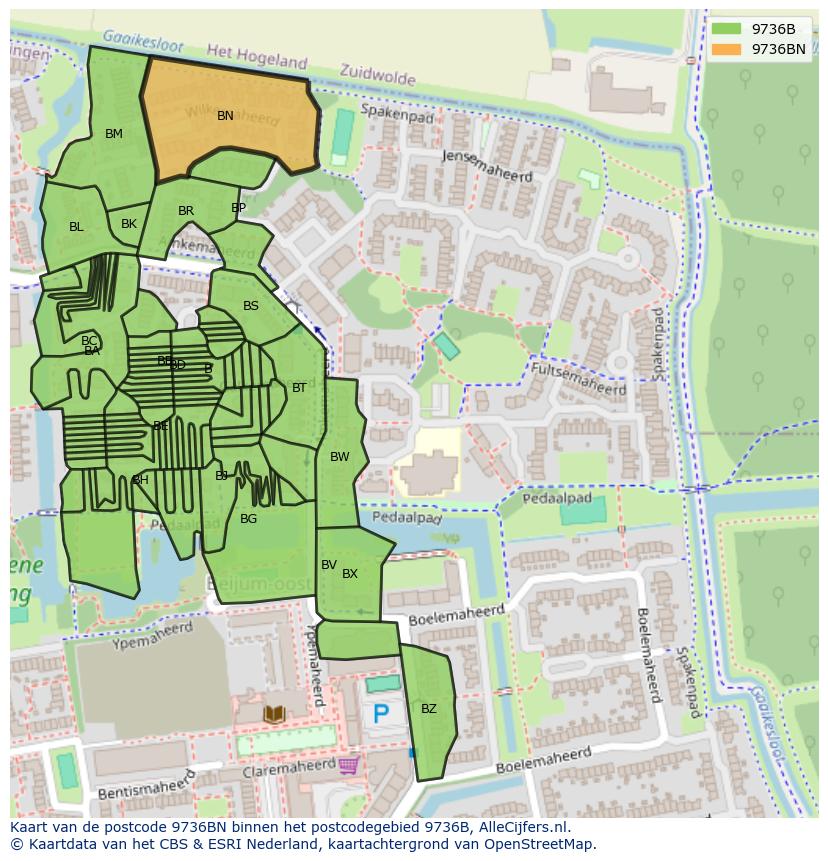 Afbeelding van het postcodegebied 9736 BN op de kaart.