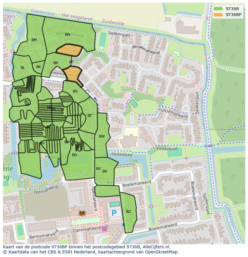 Afbeelding van het postcodegebied 9736 BP op de kaart.