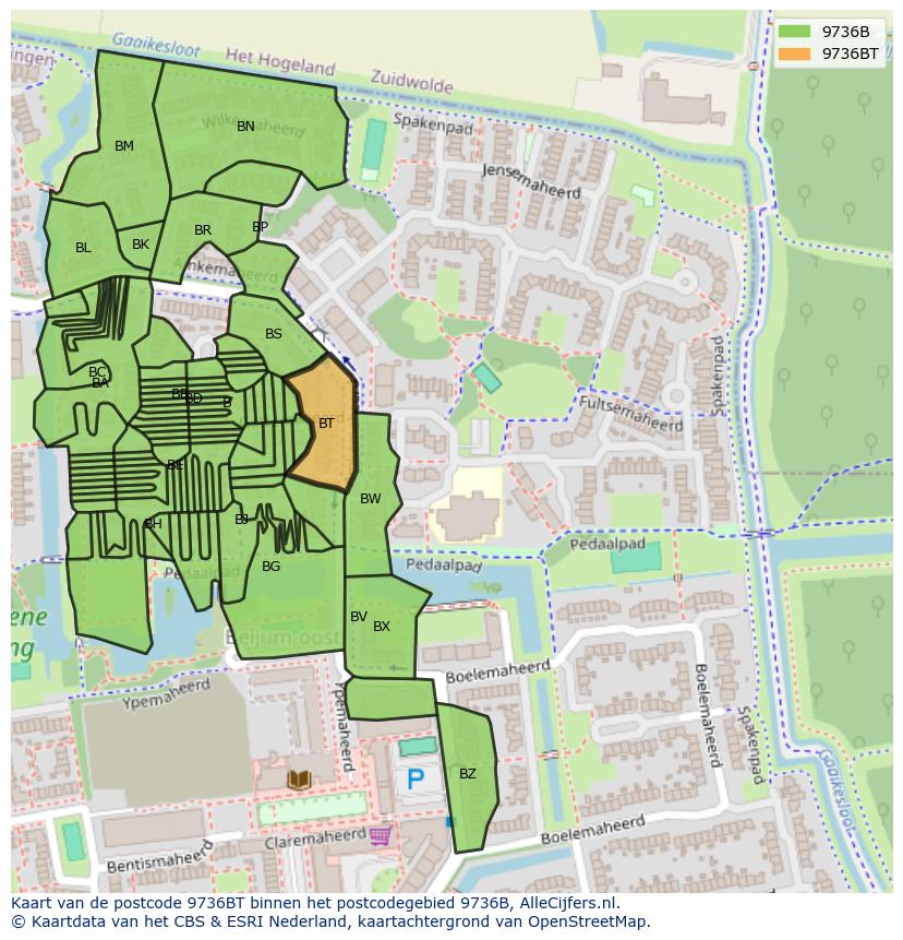 Afbeelding van het postcodegebied 9736 BT op de kaart.