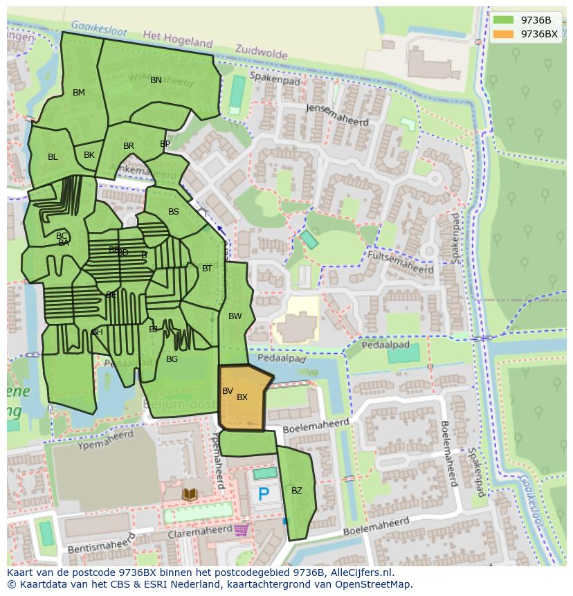 Afbeelding van het postcodegebied 9736 BX op de kaart.