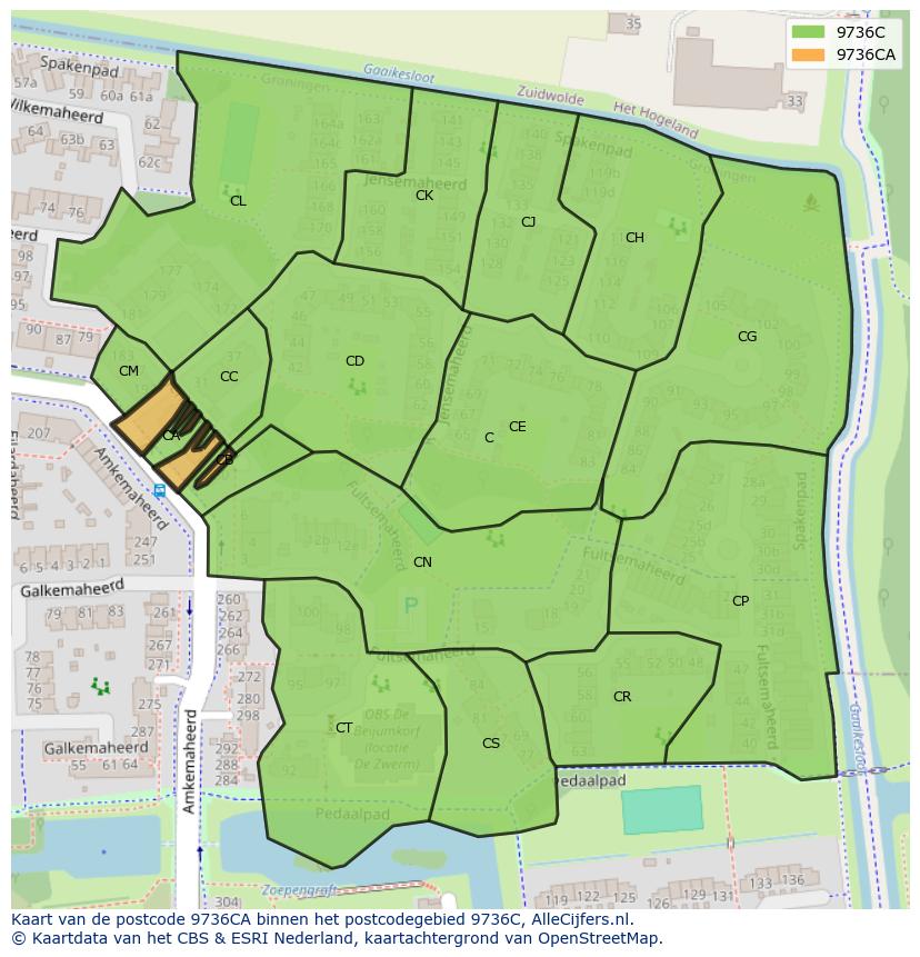 Afbeelding van het postcodegebied 9736 CA op de kaart.
