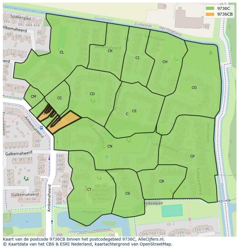 Afbeelding van het postcodegebied 9736 CB op de kaart.