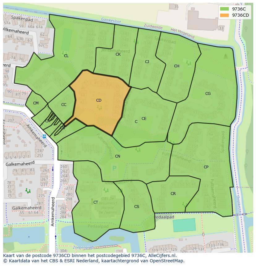 Afbeelding van het postcodegebied 9736 CD op de kaart.