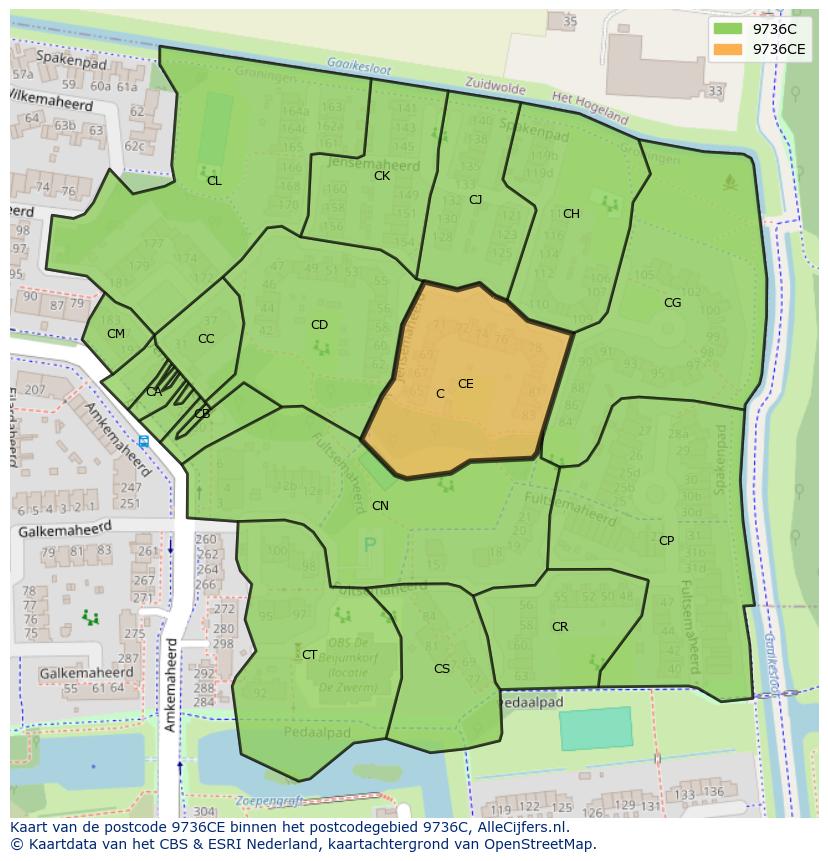 Afbeelding van het postcodegebied 9736 CE op de kaart.