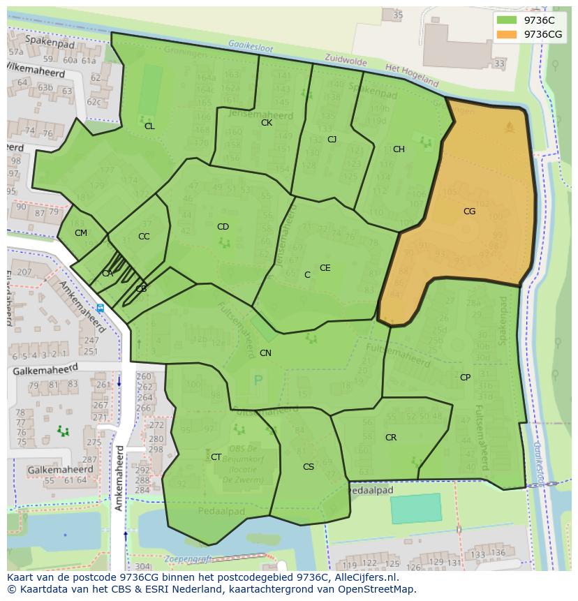 Afbeelding van het postcodegebied 9736 CG op de kaart.