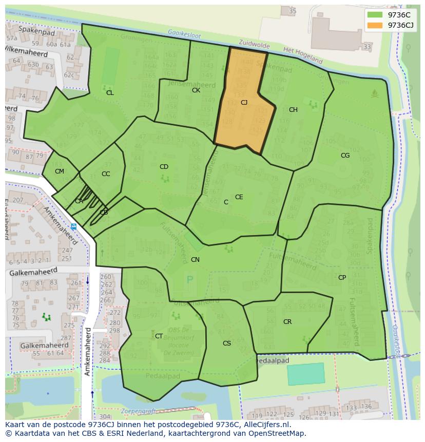 Afbeelding van het postcodegebied 9736 CJ op de kaart.
