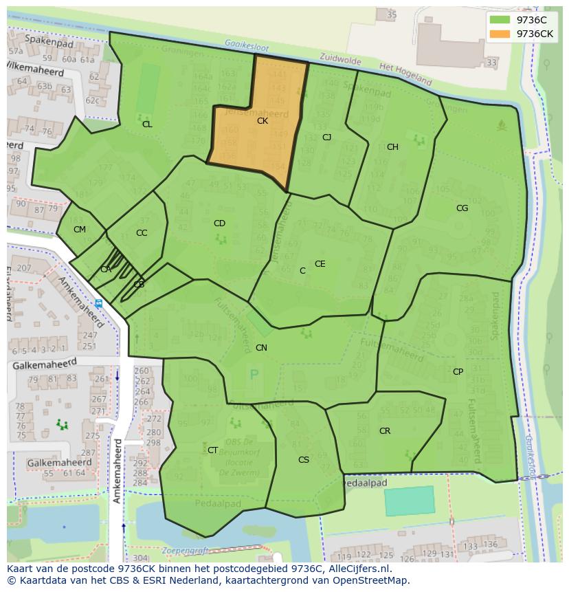 Afbeelding van het postcodegebied 9736 CK op de kaart.