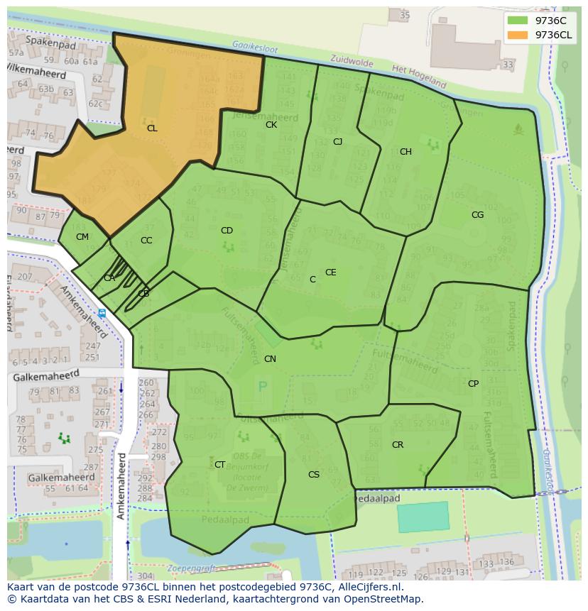 Afbeelding van het postcodegebied 9736 CL op de kaart.