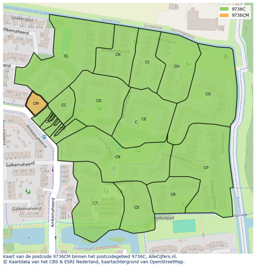 Afbeelding van het postcodegebied 9736 CM op de kaart.