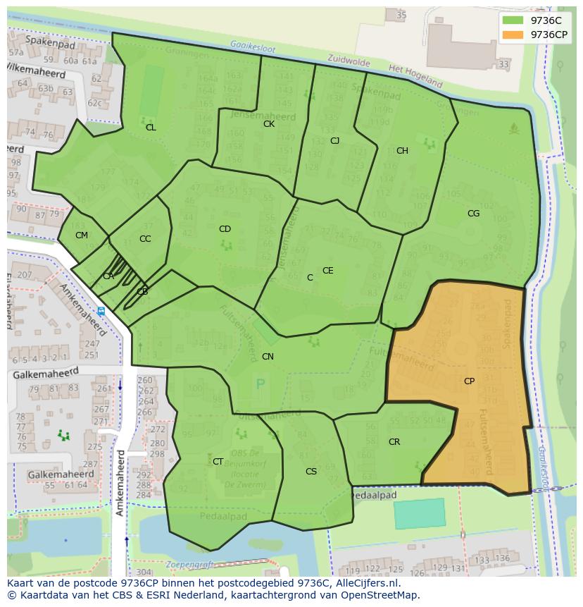Afbeelding van het postcodegebied 9736 CP op de kaart.