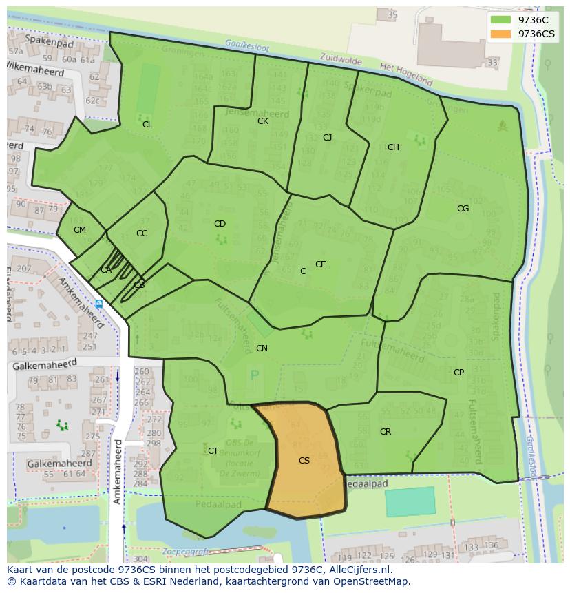 Afbeelding van het postcodegebied 9736 CS op de kaart.