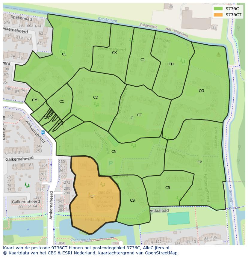 Afbeelding van het postcodegebied 9736 CT op de kaart.