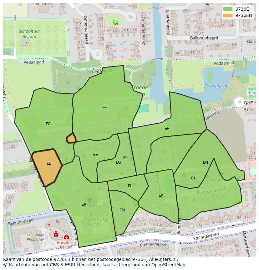 Afbeelding van het postcodegebied 9736 EB op de kaart.