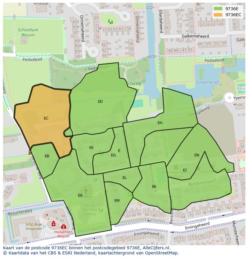 Afbeelding van het postcodegebied 9736 EC op de kaart.