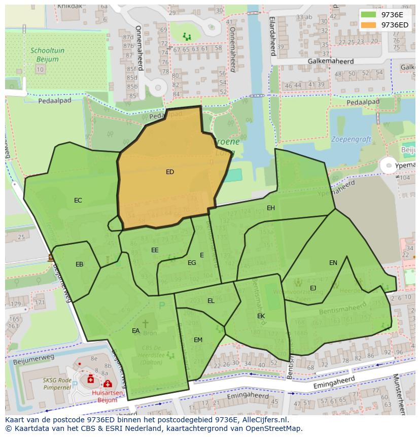 Afbeelding van het postcodegebied 9736 ED op de kaart.