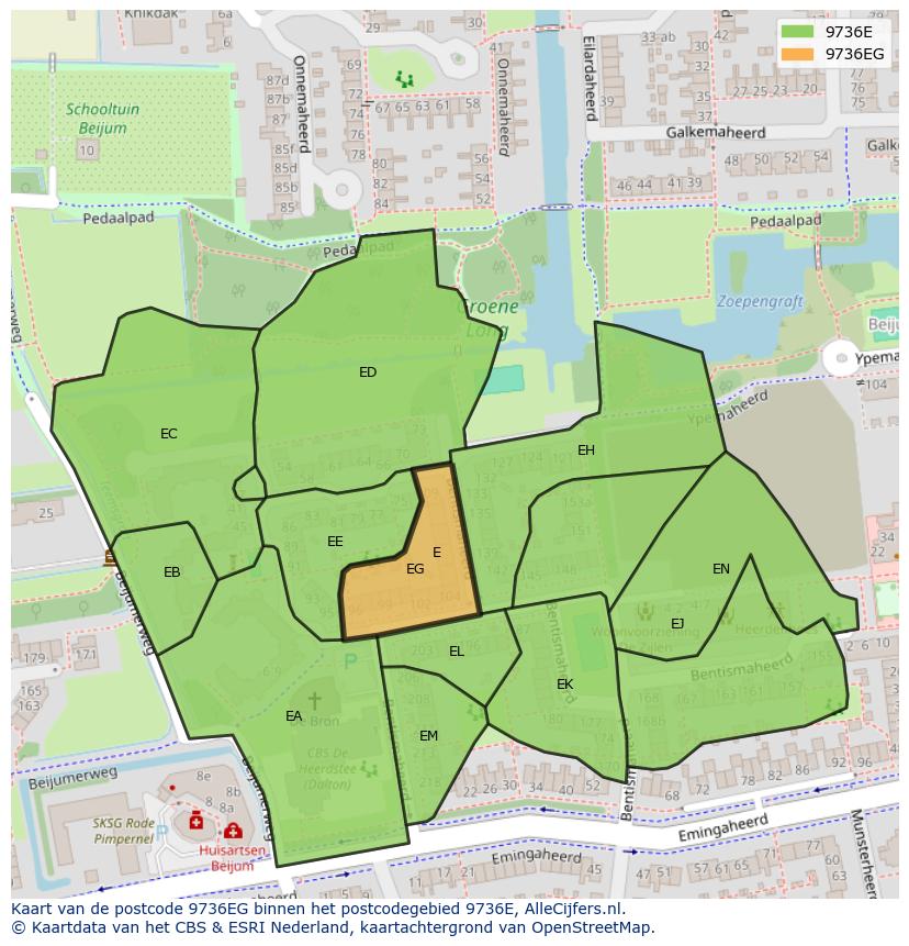Afbeelding van het postcodegebied 9736 EG op de kaart.