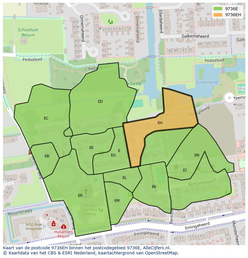 Afbeelding van het postcodegebied 9736 EH op de kaart.