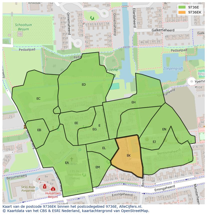 Afbeelding van het postcodegebied 9736 EK op de kaart.