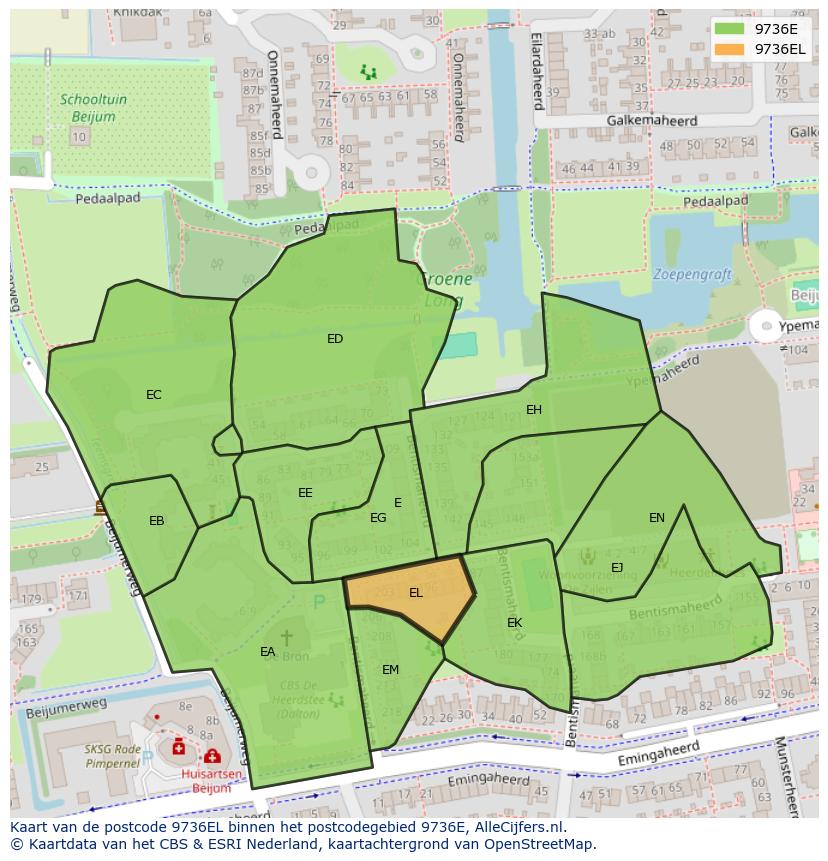Afbeelding van het postcodegebied 9736 EL op de kaart.