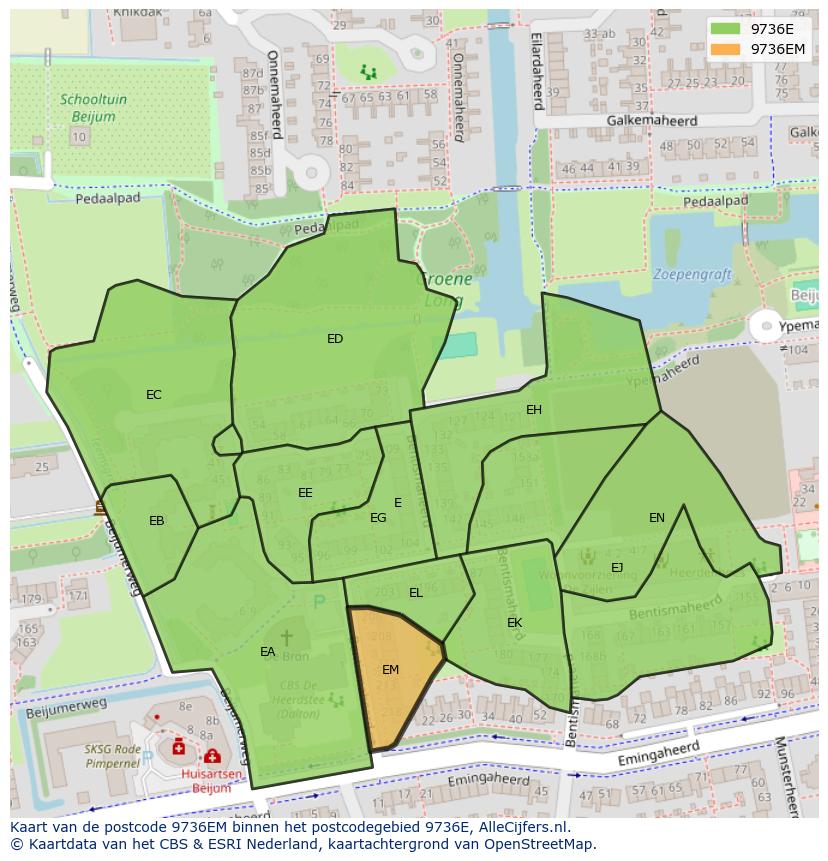 Afbeelding van het postcodegebied 9736 EM op de kaart.