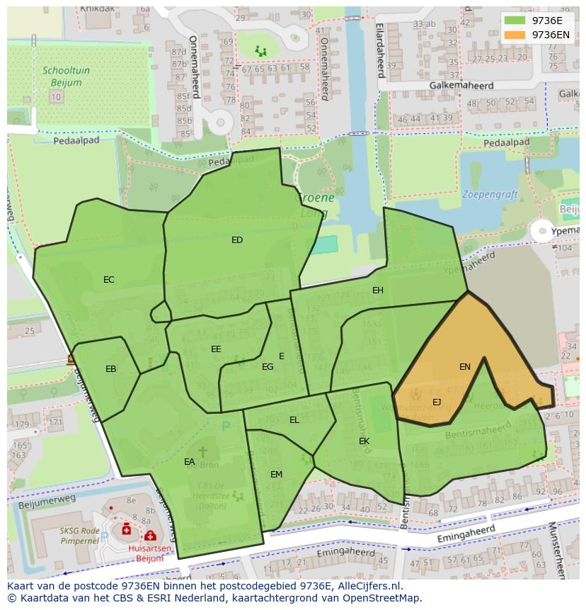 Afbeelding van het postcodegebied 9736 EN op de kaart.