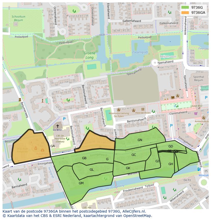 Afbeelding van het postcodegebied 9736 GA op de kaart.