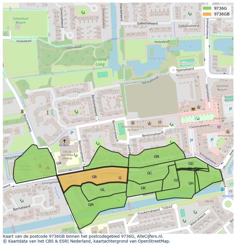 Afbeelding van het postcodegebied 9736 GB op de kaart.