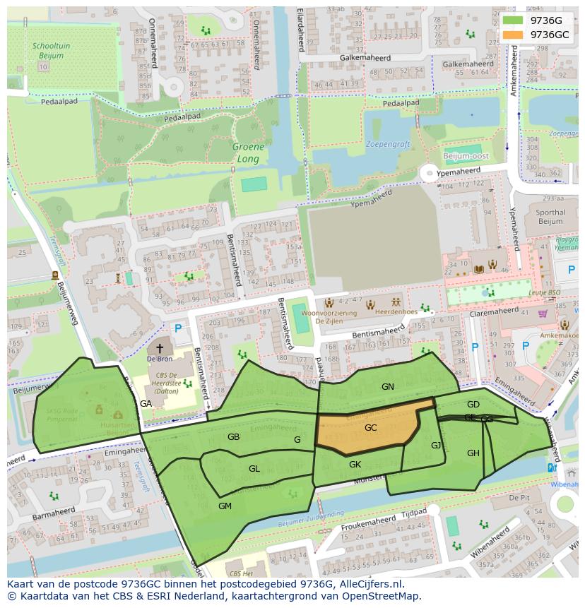 Afbeelding van het postcodegebied 9736 GC op de kaart.