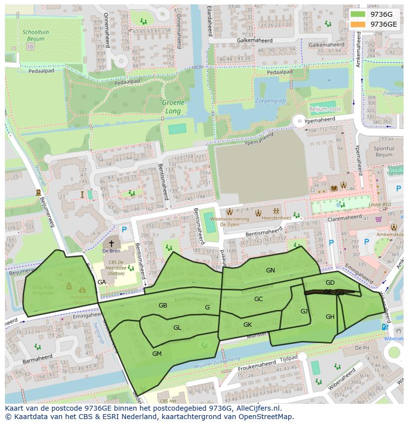 Afbeelding van het postcodegebied 9736 GE op de kaart.
