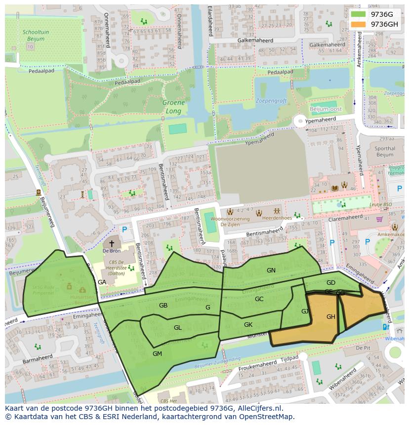 Afbeelding van het postcodegebied 9736 GH op de kaart.