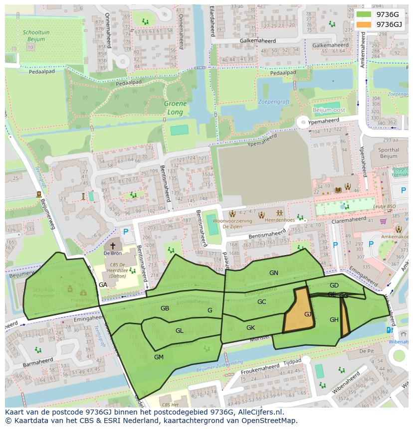Afbeelding van het postcodegebied 9736 GJ op de kaart.