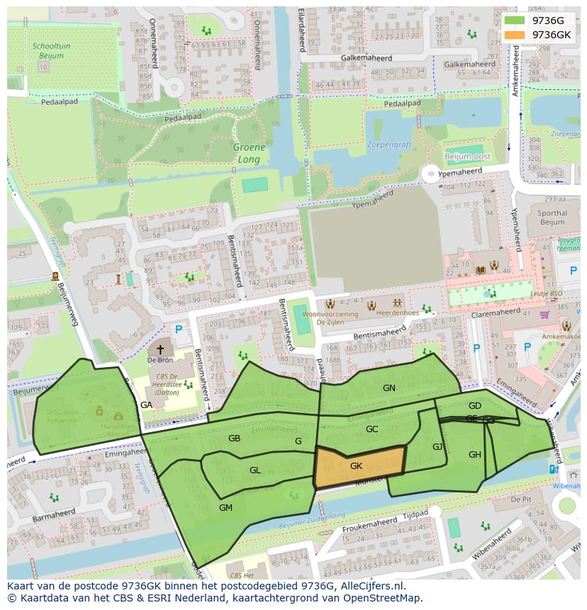 Afbeelding van het postcodegebied 9736 GK op de kaart.