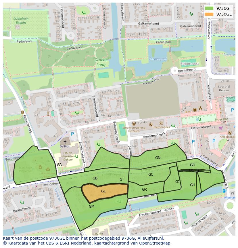 Afbeelding van het postcodegebied 9736 GL op de kaart.